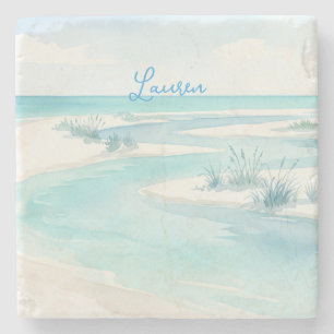 Dessous-de-verre En Pierre vagues de plage à l'aquarelle bleu pastel nom modi
