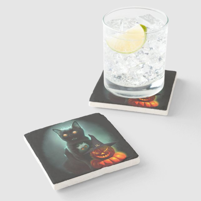 Dessous-de-verre En Pierre Vampire Chat et Assistant Citrouille Halloween Sur (Côté)