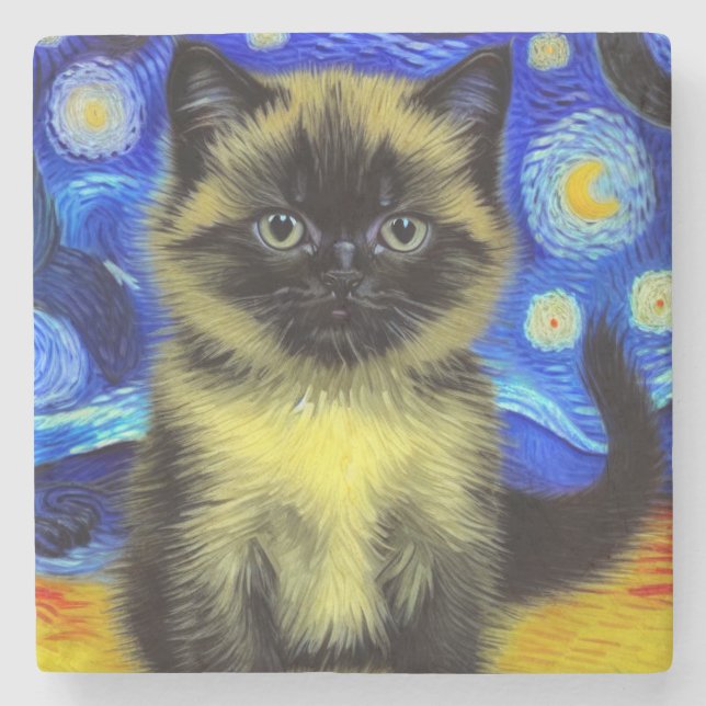 Dessous-de-verre En Pierre Van Gogh Starry Nuit Siamese Cat (Devant)