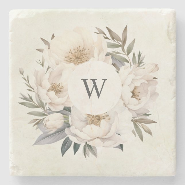 Dessous-de-verre En Pierre Verdure rustique Blanc Floral Mariage (Devant)