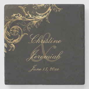 Dessous-de-verre En Pierre Vintage Black Gold Floral Damask Script Mariage