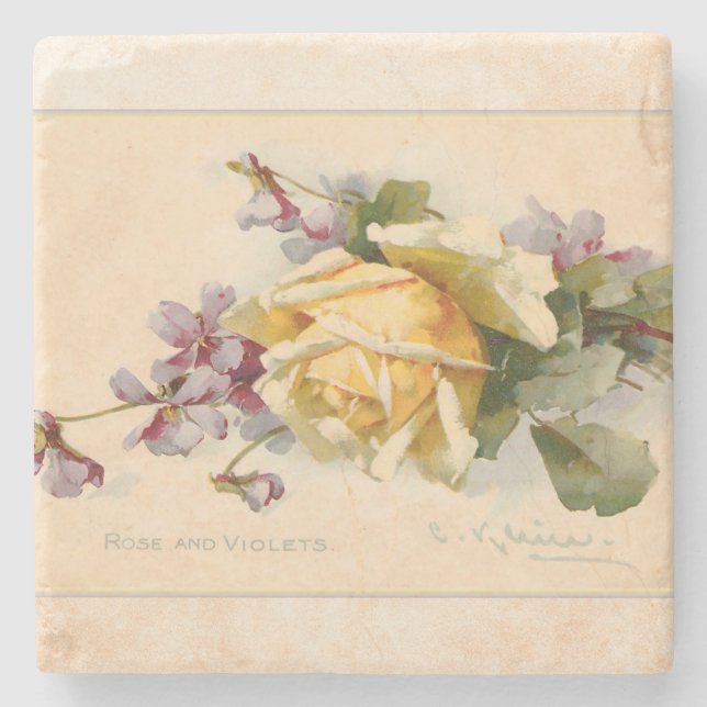 Dessous-de-verre En Pierre Violets vintages et Roses (Devant)