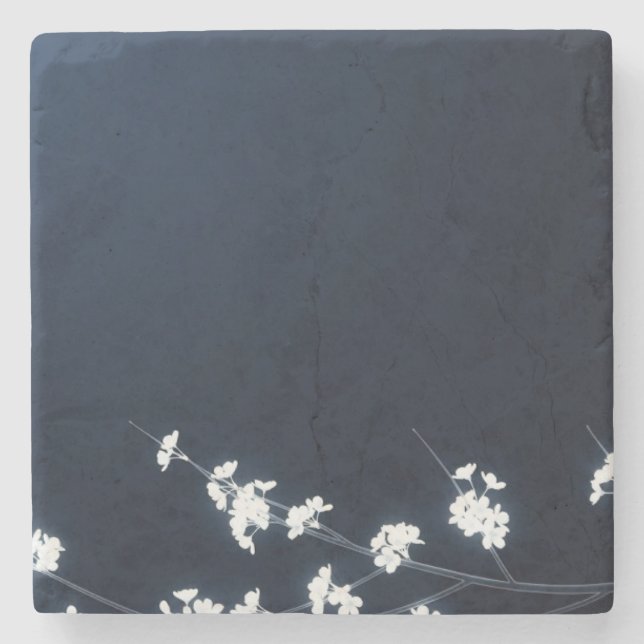 Dessous-de-verre En Pierre White Cherry Blossom Navy Background (Devant)