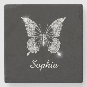 Dessous-de-verre En Pierre White Diamond Butterfly, DIY Script Nom, Black