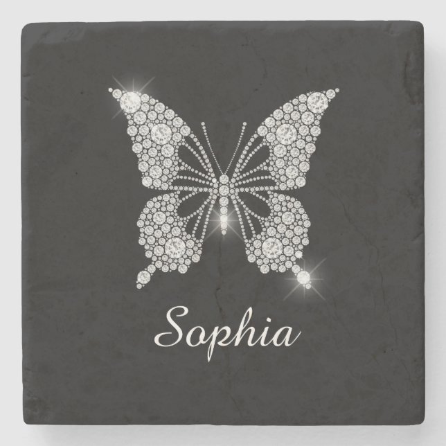 Dessous-de-verre En Pierre White Diamond Butterfly, DIY Script Nom, Black (Devant)