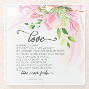 Dessous-de-verre En Verre 1 Corinthiens 13:4-8 L'amour est patient rose Magn