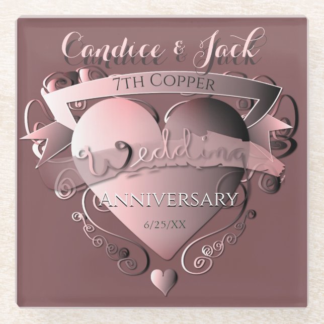 Dessous-de-verre En Verre 7e anniversaire de Mariage Cuivre (Devant)