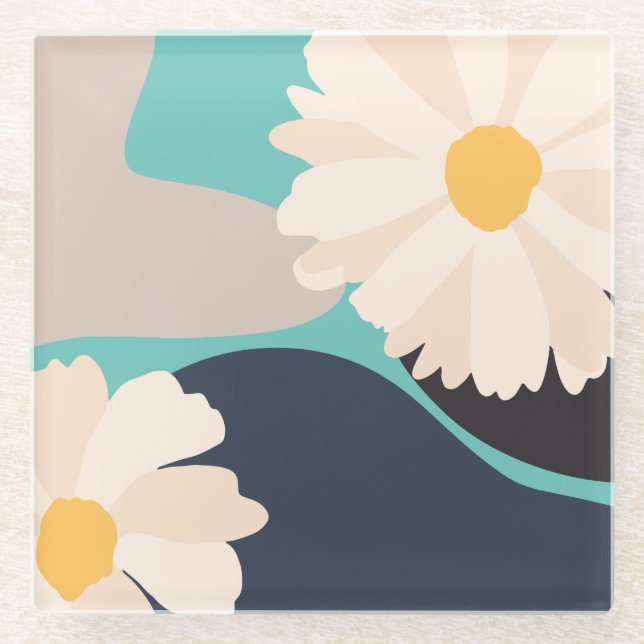 Dessous-de-verre En Verre Abstrait Floral Turquoise moderne (Devant)