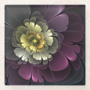 Dessous-de-verre En Verre Abstrait Purpur moderne Khaki Gris Fleur fractale 