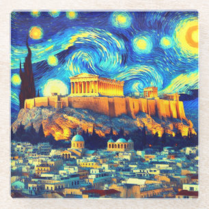 Dessous-de-verre En Verre Acropole nocturne étoilée Athènes Grèce