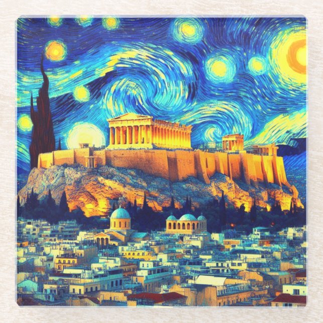 Dessous-de-verre En Verre Acropole nocturne étoilée Athènes Grèce (Devant)