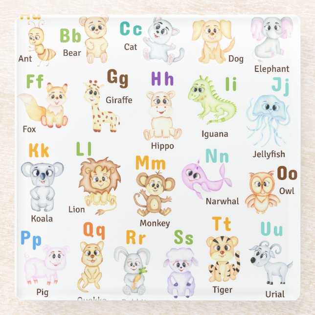 Dessous-de-verre En Verre Alphabet Animal ABC Mets animaux (Devant)