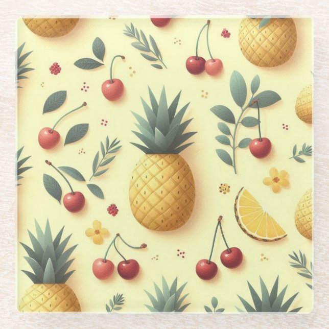 Dessous-de-verre En Verre Ananas et cerises (Devant)