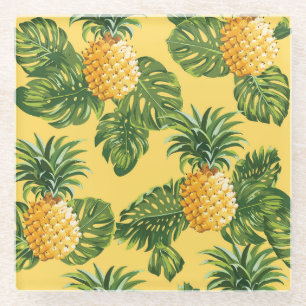 Dessous-de-verre En Verre Ananas et feuille tropical sur l'or