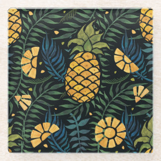 Dessous-de-verre En Verre Ananas, palmiers feuilles : motif tropical.