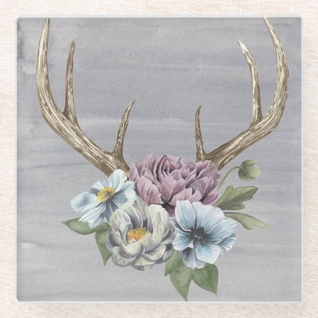 Dessous-de-verre En Verre Antlers floraux de cerfs (Devant)