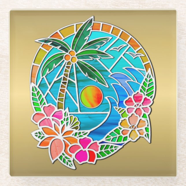 Dessous-de-verre En Verre Aqua et Gold Ocean Palm Tree Paysage d'été (Devant)