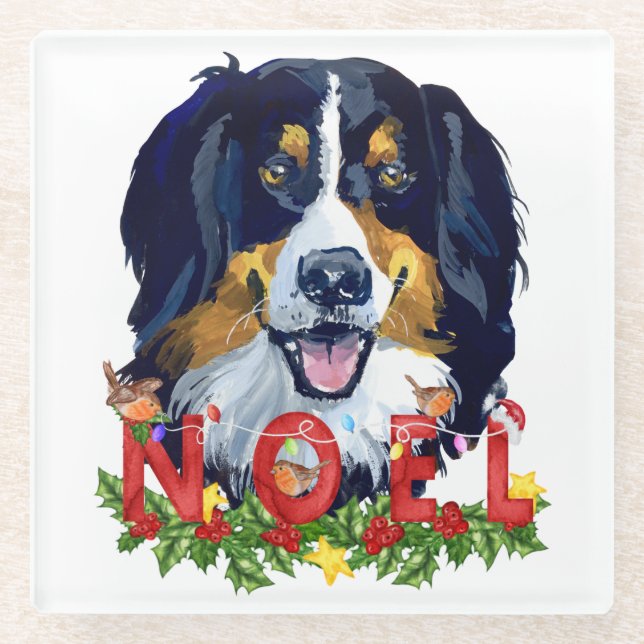 Dessous-de-verre En Verre Aquarelle Bernese Mountain Dog Noël (Devant)