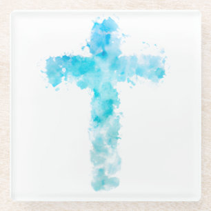 Dessous-de-verre En Verre Aquarelle bleue Croix chrétienne Baptême