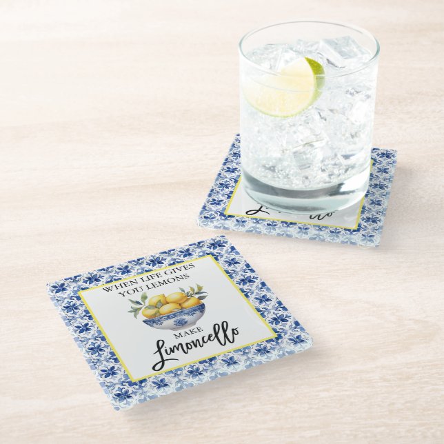 Dessous-de-verre En Verre Aquarelle Citrons Limoncello Carreaux bleus (Incliné)