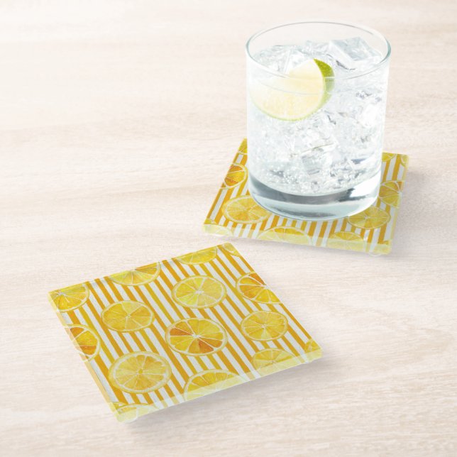 Dessous-de-verre En Verre Aquarelle Citrons & Rayures (Incliné)