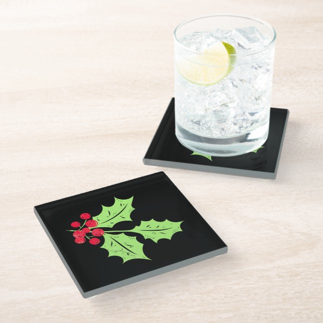 Dessous-de-verre En Verre Aquarelle Holly Feuilles et baies (Incliné)