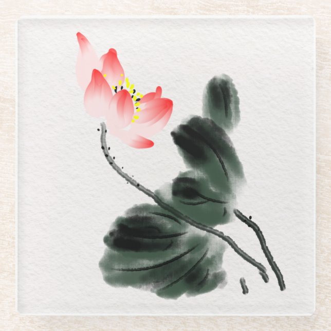Dessous-de-verre En Verre Aquarelle Lotus Floral Chinoiserie Enk Wash Art (Devant)