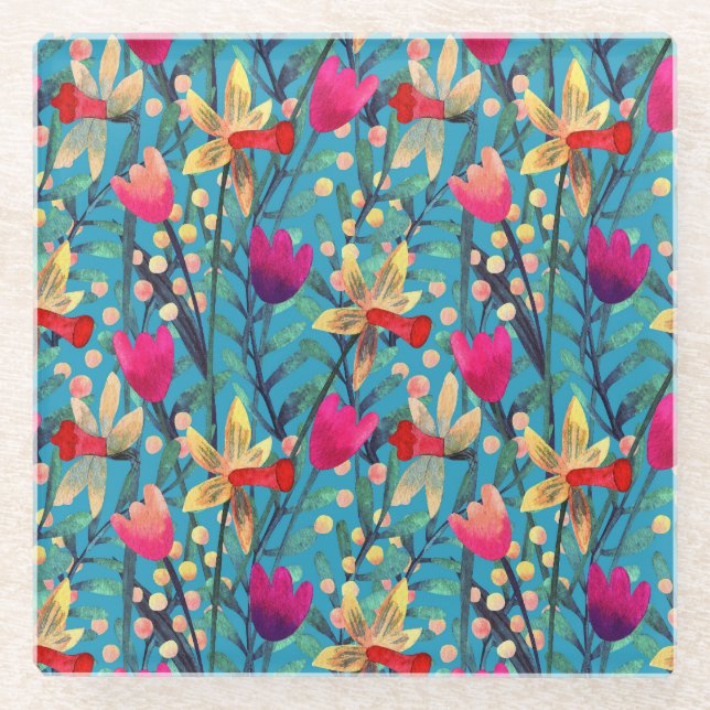 Dessous-de-verre En Verre Aquarelle Lumineuse : Design Floral Sans Maille. (Devant)