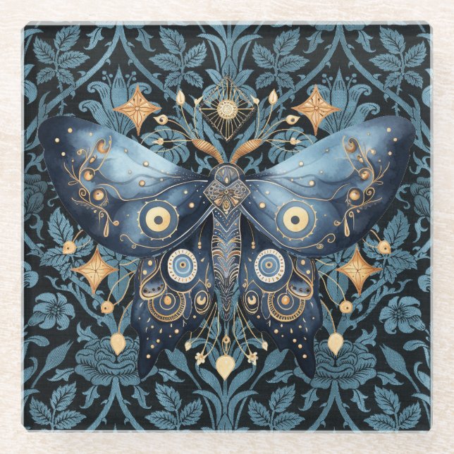 Dessous-de-verre En Verre Aquarelle mystique Bleu et doré Night Moth (Devant)