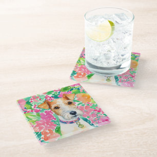 Dessous-de-verre En Verre Aquarelle Preppy Palm Beach Fox Terrier Chien