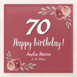 Dessous-de-verre En Verre Aquarelle rouge Rose Floral 70e anniversaire