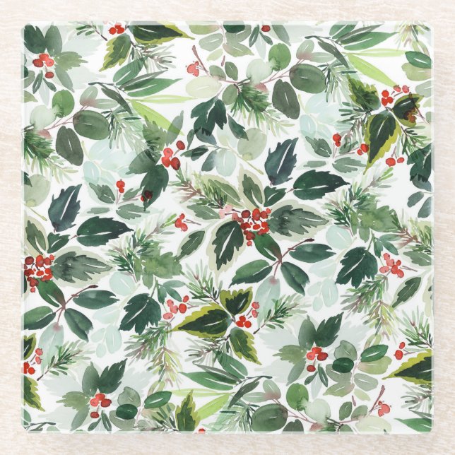 Dessous-de-verre En Verre Aquarelle Variée Holly Motif Noël (Devant)