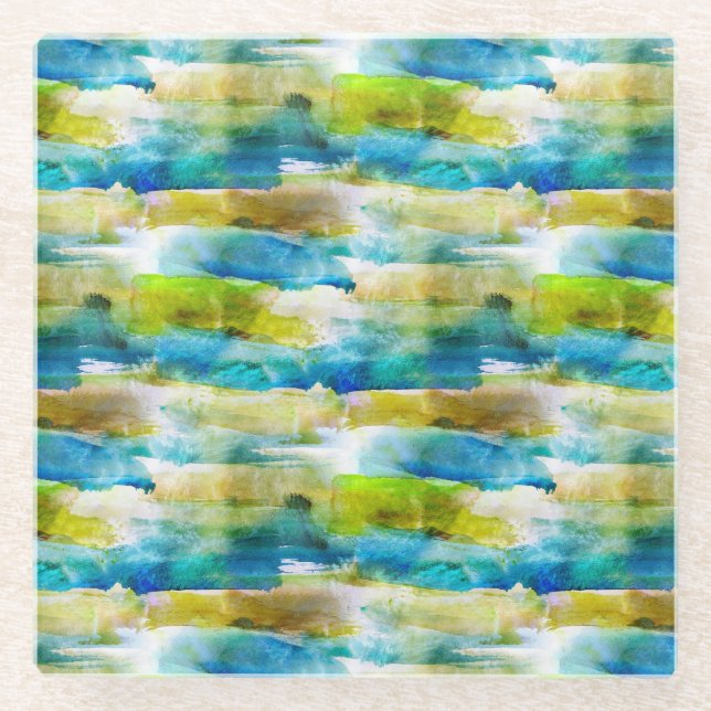 Dessous-de-verre En Verre Aquarelle vert abstrait, bleu (Devant)