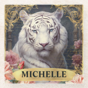 Dessous-de-verre En Verre Aquarelle Vintage Tigre Blanc et Roses Roses
