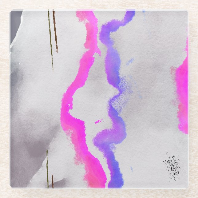 Dessous-de-verre En Verre Aquarelle violet et rose Abstrait (Devant)