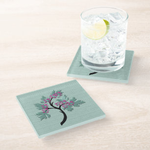 Dessous-de-verre En Verre Arbre Fleurissant Gracieux Vert + Prune 