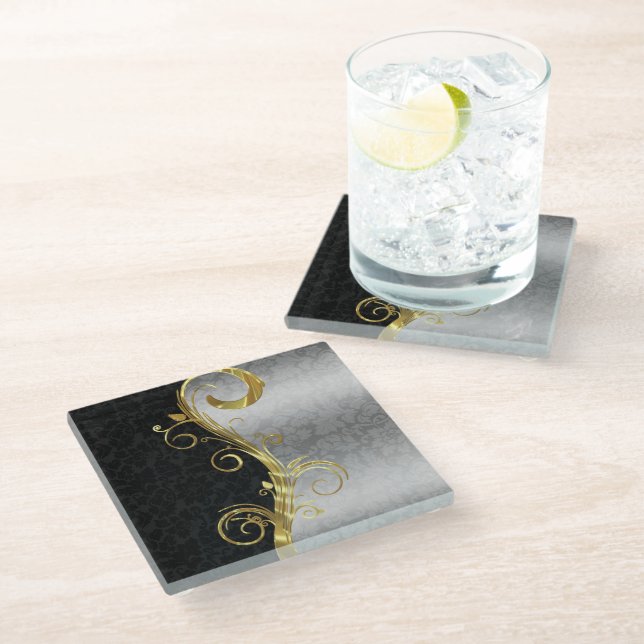 Dessous-de-verre En Verre Argent et noir Damas (Incliné)