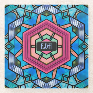Dessous-de-verre En Verre Art déco géométrique bleu et rose avec ses initial