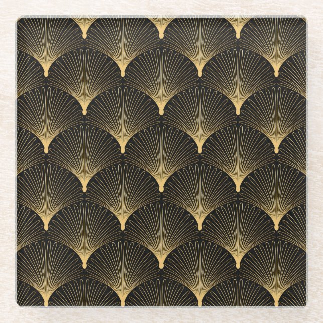 Dessous-de-verre En Verre Art Déco : motif d'or noir. (Devant)