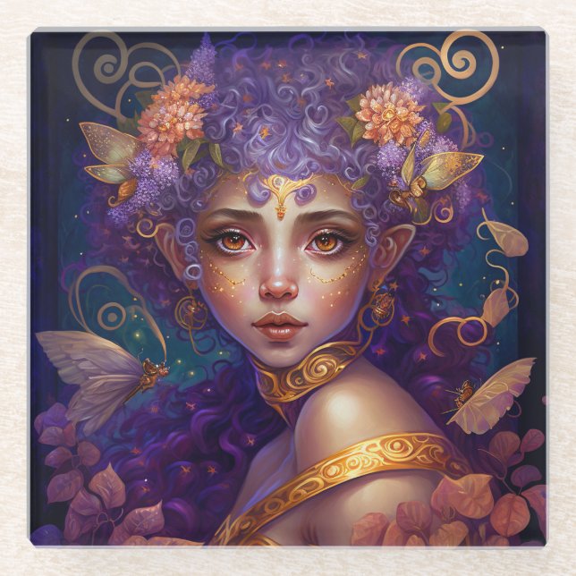 Dessous-de-verre En Verre Art Imaginaire Fée Elfe Violet (Devant)