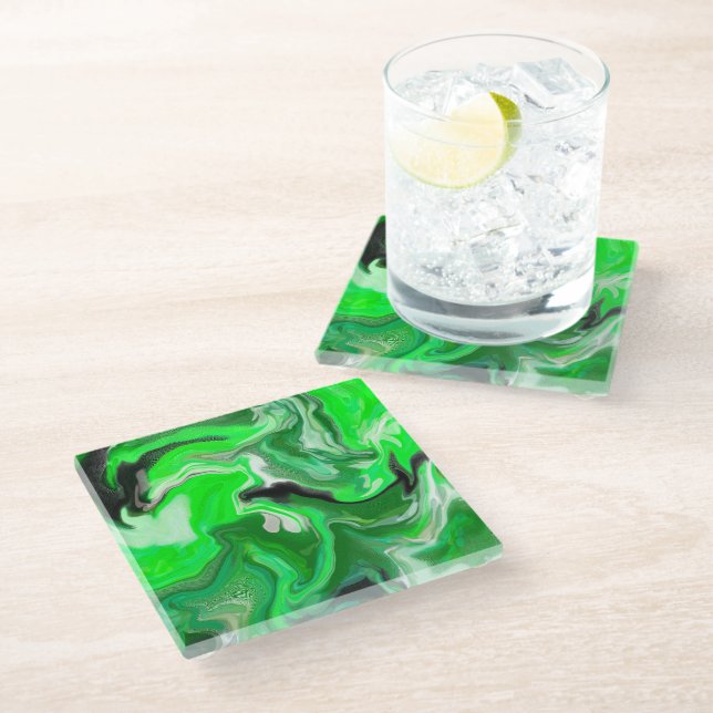 Dessous-de-verre En Verre Art numérique vert en marbre fluide (Incliné)