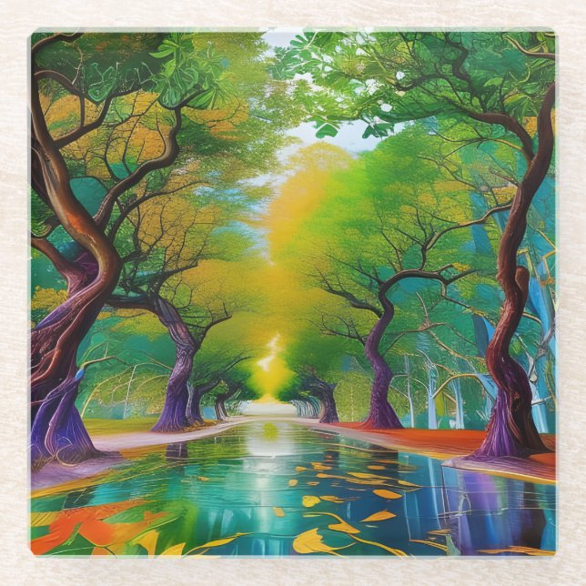 Dessous-de-verre En Verre Avenue des arbres feuilles d'automne (Devant)