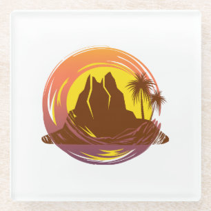 Dessous-de-verre En Verre Badge avec paysage volcanique tropical et palmiers