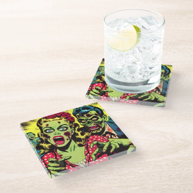 Dessous-de-verre En Verre Bande dessinée rétro Zombie Couple (Incliné)