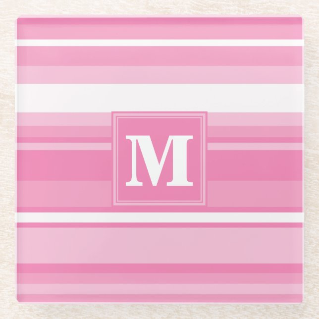 Dessous-de-verre En Verre Bandes rose monogramme (Devant)