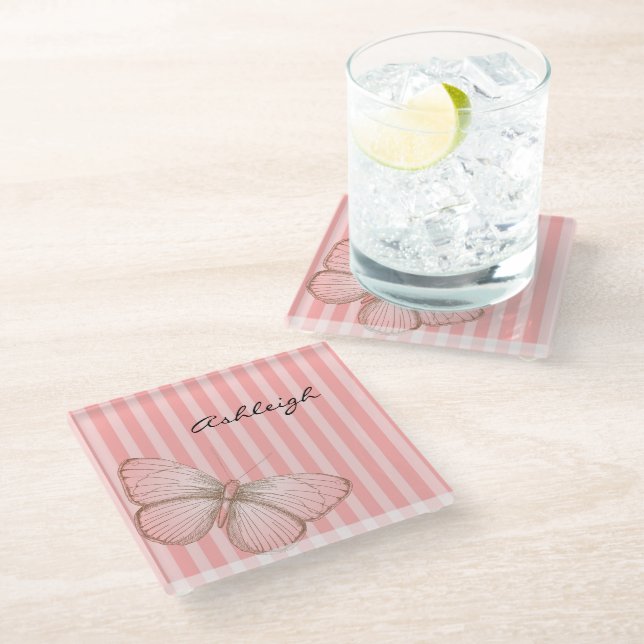 Dessous-de-verre En Verre Bandes roses avec papillon (Incliné)