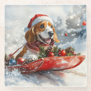 Dessous-de-verre En Verre Basset Hound Dog in Sledge Let it Neige Noël