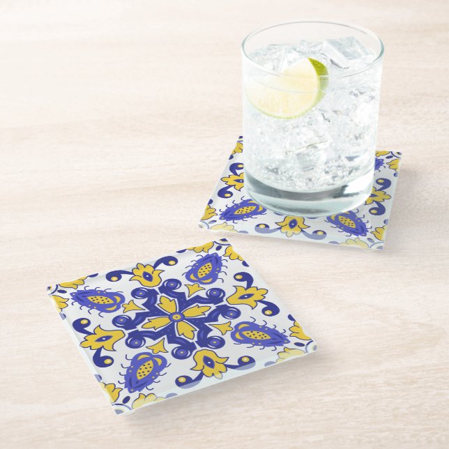 Dessous-de-verre En Verre 💙 💛 Beau Azulejos bleu et jaune (Incliné)