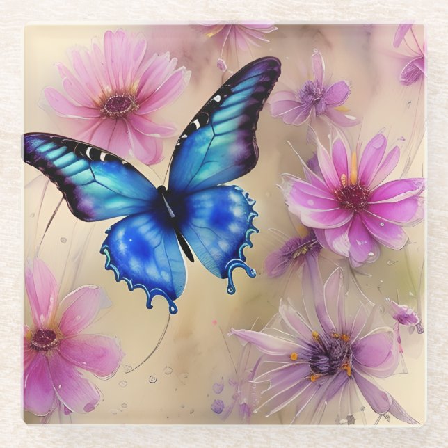 Dessous-de-verre En Verre Belles fleurs et papillon (Devant)