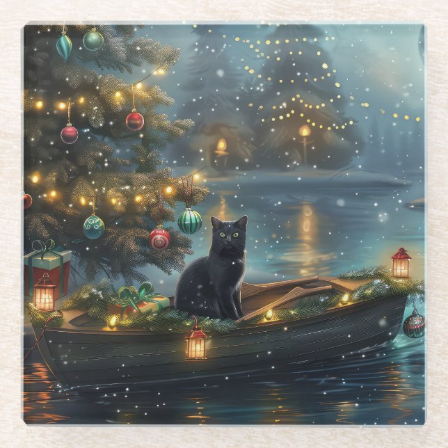 Dessous-de-verre En Verre Black Cat Noël Festive Voyage (Devant)